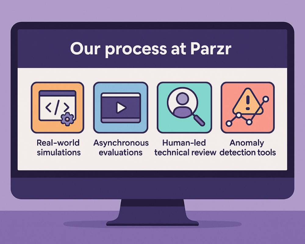 Illustration of Parzr’s anti-fraud process displayed on a monitor with four icons: real-world simulations, asynchronous evaluations, human-led technical review, and anomaly detection tools.