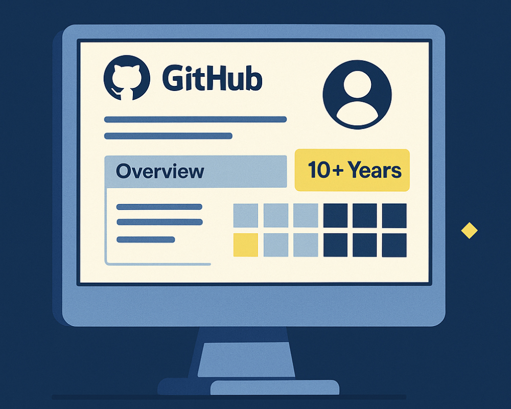 Illustration of a GitHub profile on a computer screen with exaggerated credentials, symbolizing risks of copied portfolios and inflated experience in hiring.